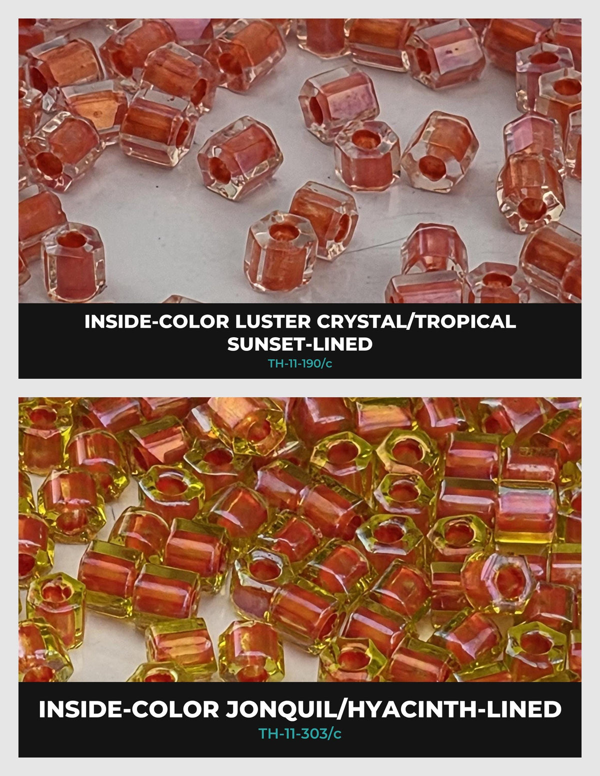 The image is a collage of two images showing different types of beads, including crystal and tropical beads. The text in the image provides information about the beads, such as their colors and luster.