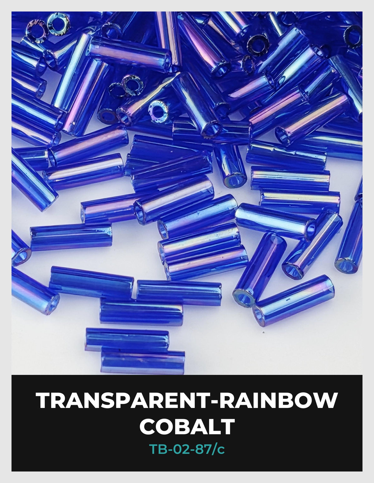 The image is a close-up of numerous blue glass beads or cobalt beads, arranged in a visually appealing manner.