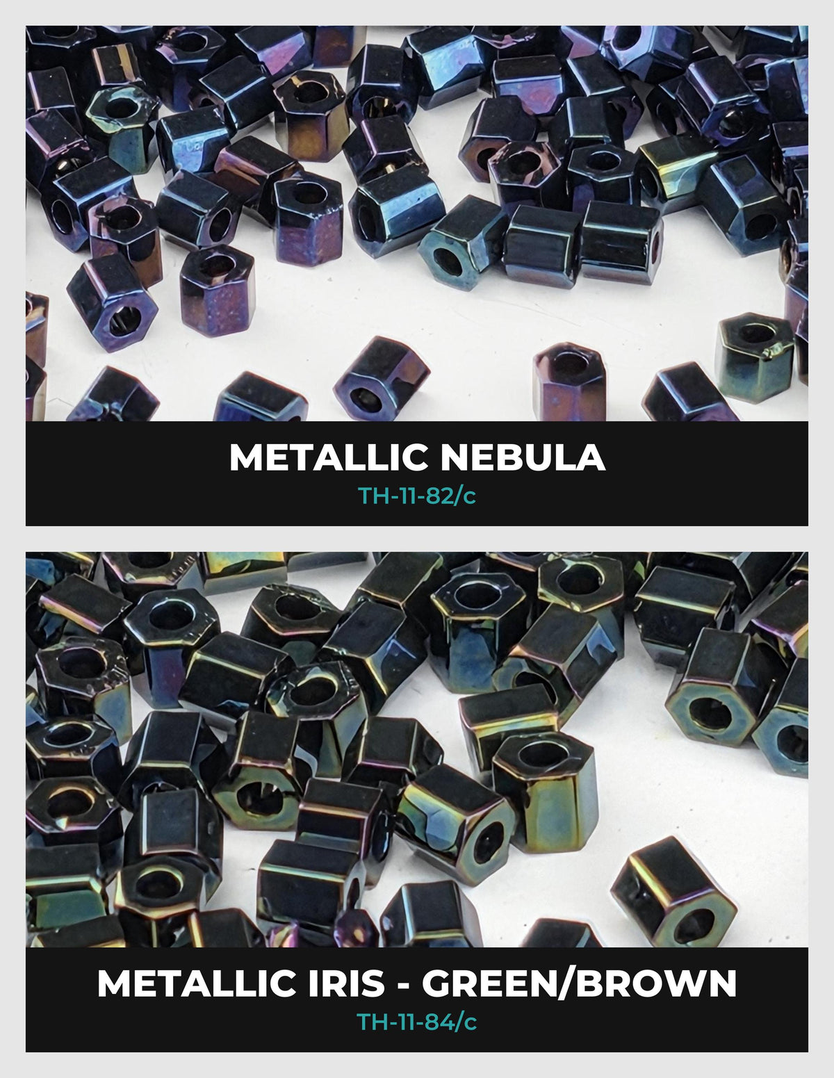 two separate sections, each showcasing a variety of metallic beads. The first section displays metallic nebula beads in different colors, including metallic iris, metallic green/brown, and metallic blue/green. The second section features metallic iris beads in green/brown and metallic blue/green colors.