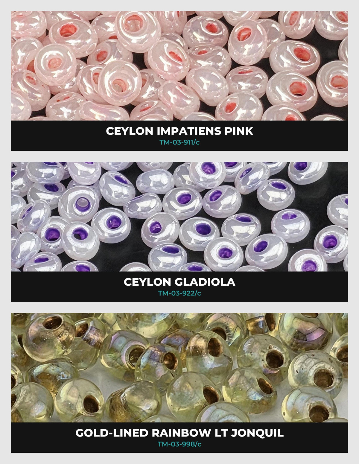 three different types of beads, each with a unique color and pattern. The first bead is pink and has a red dot in the center. The second bead is white and has a purple dot in the center. The third bead is gold and has a yellow dot in the center.
