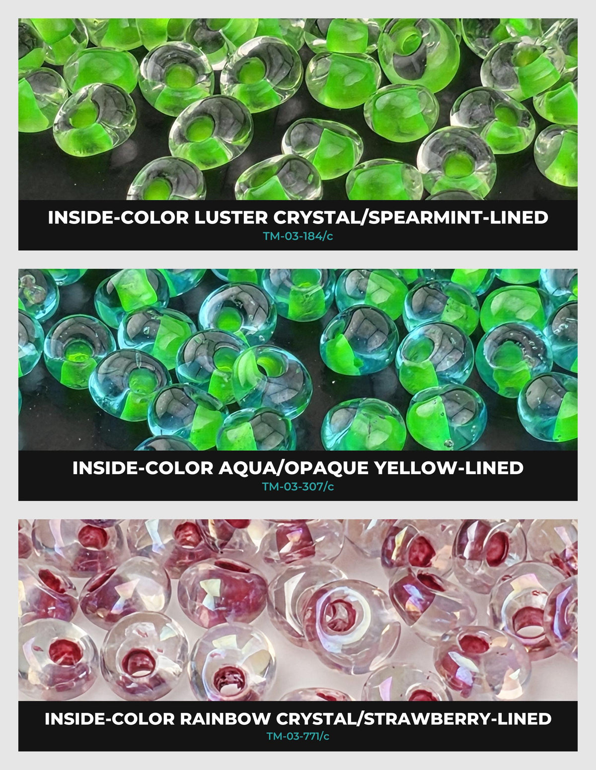 three separate images of colorful beads, each with a different color and lining pattern.