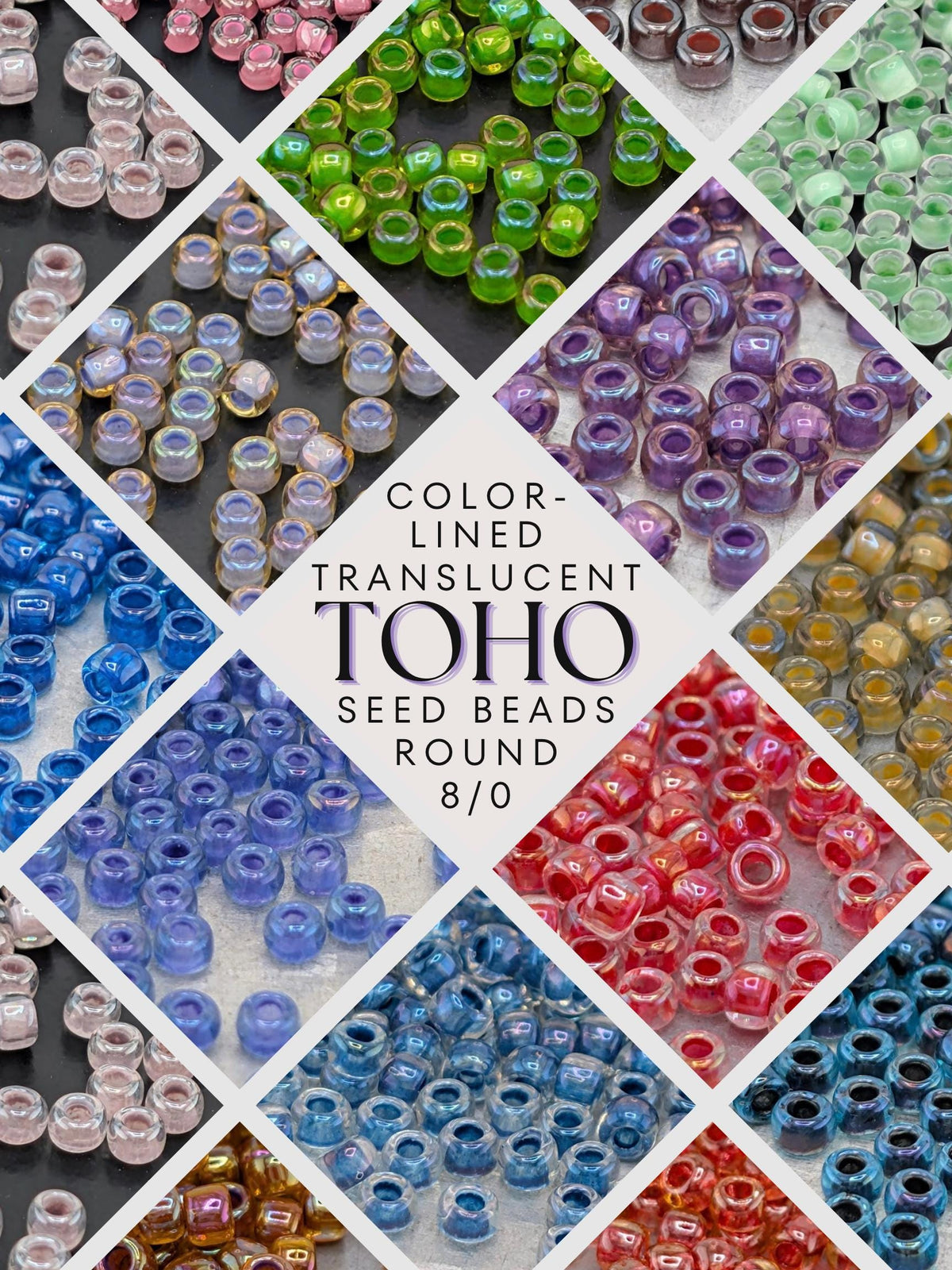 The image is a collage of various colored seed beads, including clear, green, purple, and blue beads, arranged in a diamond pattern.