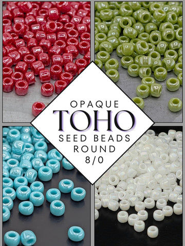 The image is a collage of four images showing different types of seed beads, including red, green, blue, and white beads.