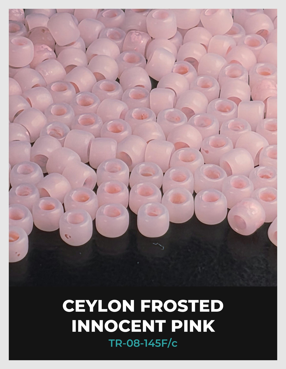 a large pile of small, white, frosted beads or beads with a pinkish hue. The text below the image reads "Ceylon Frosted Innocent Pink" and "TR-08-145F/c".