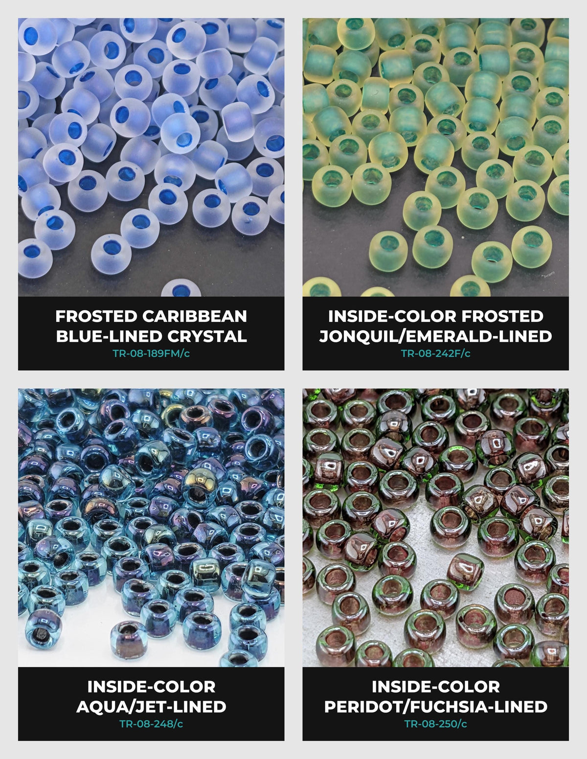 four different images of colored beads, each with a unique color and pattern.