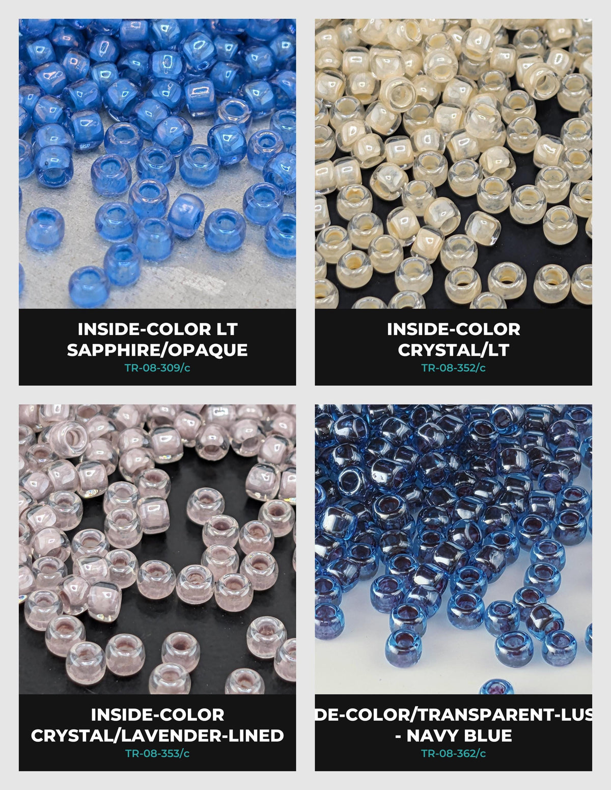 The image is a collage of four images showing different types of beads, including sapphire, crystal, lavender-lined, and navy blue beads.