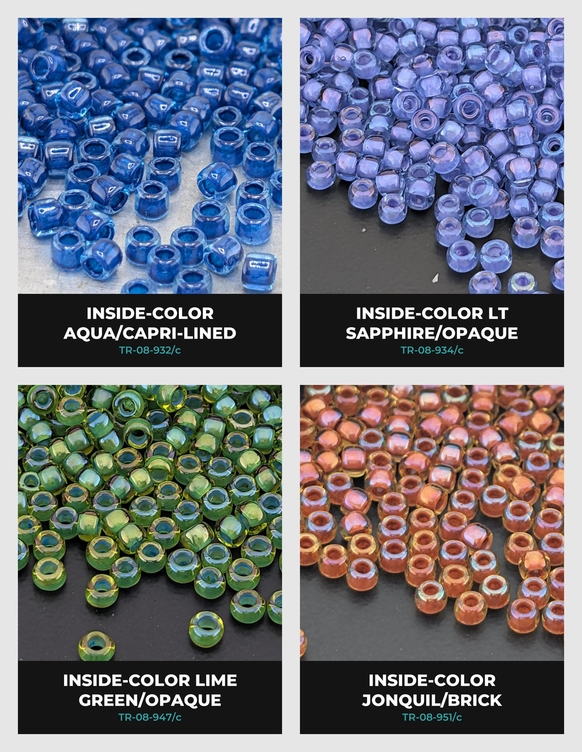 The image is a collage of four images showing different colored beads, including blue, green, orange, and pink beads.