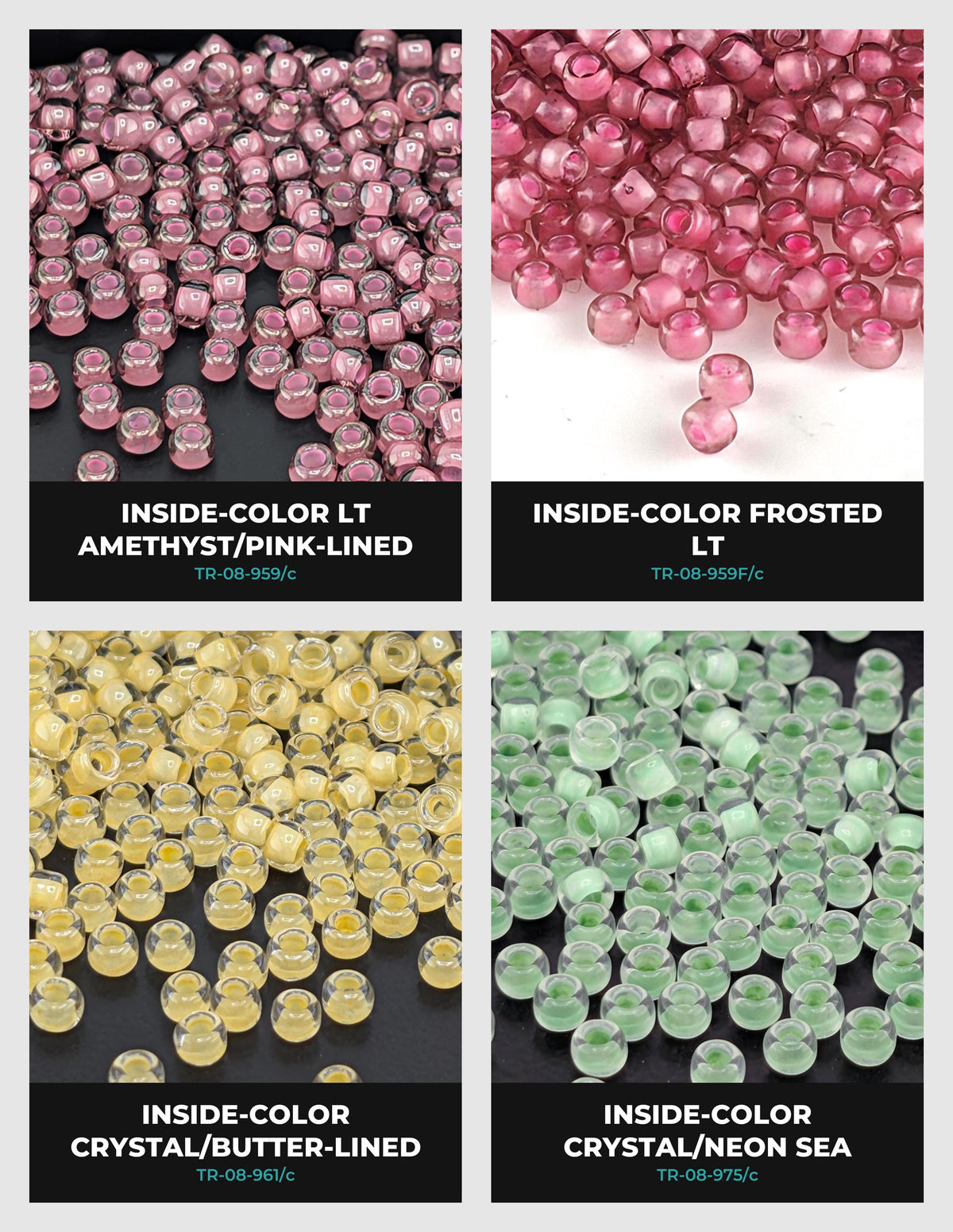 The image is a collage of four images showing different types of beads, including crystals, frosted beads, and sea beads.