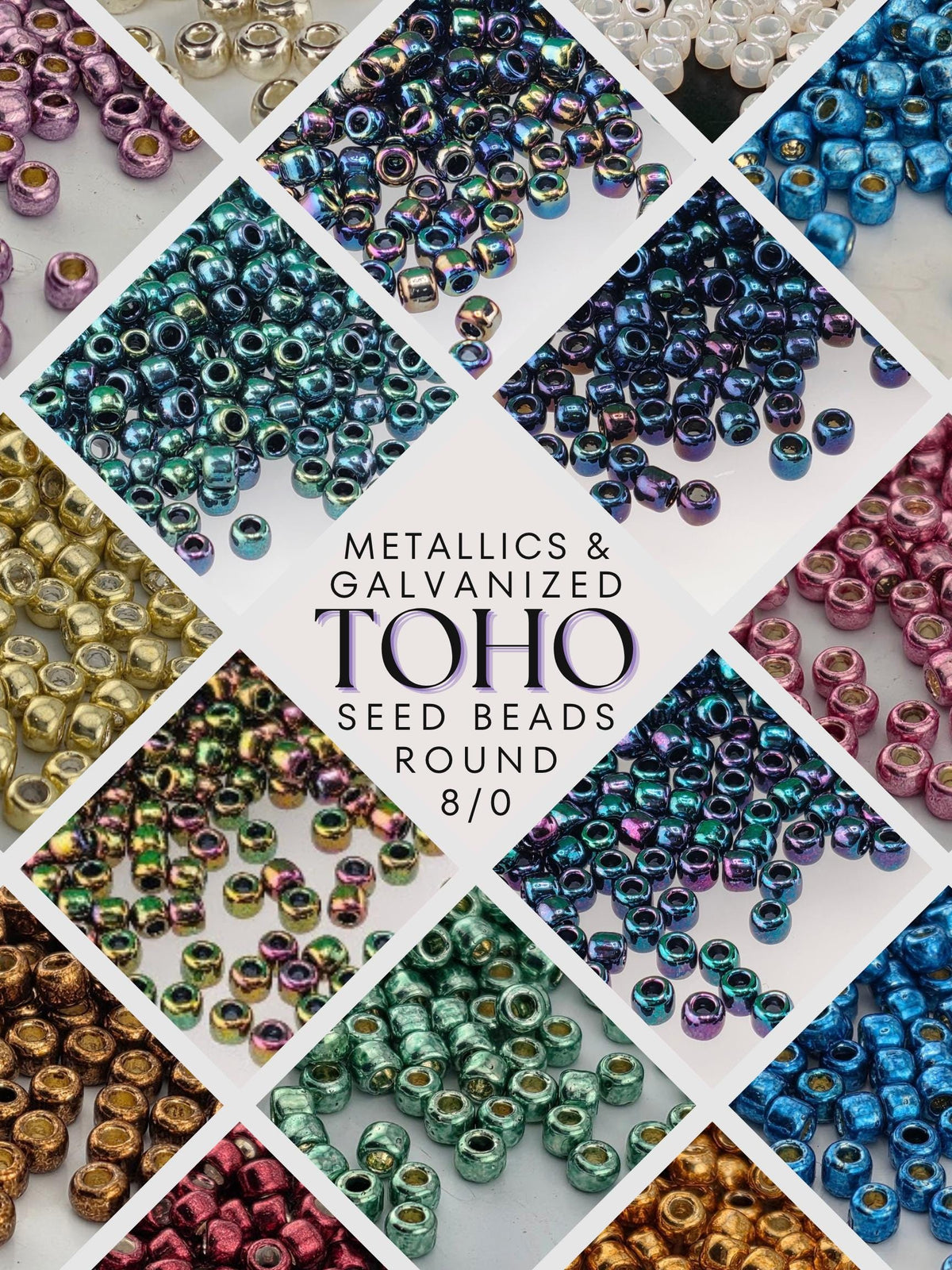 The image is a collage of various colorful seed beads, showcasing a diverse range of metallic and non-metallic colors and designs.