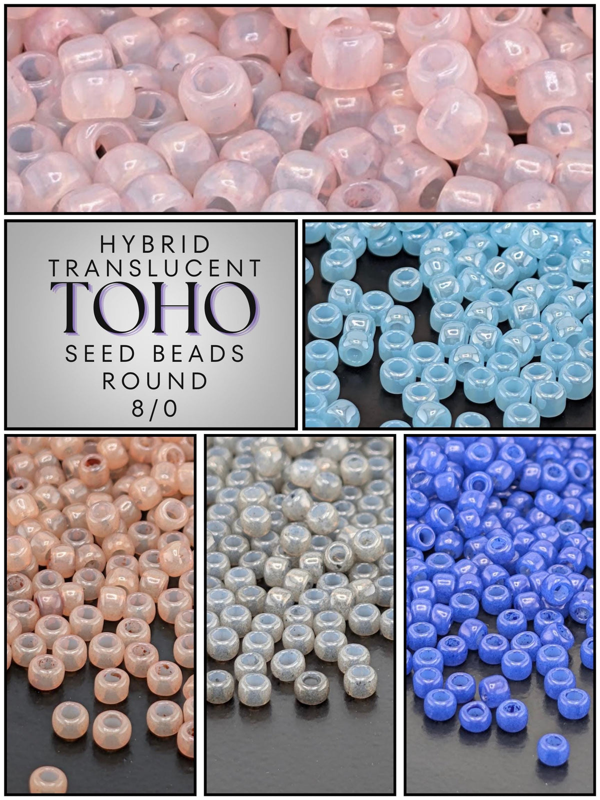 The image is a collage of six images showing various colored seed beads, including pink, blue, and white beads.