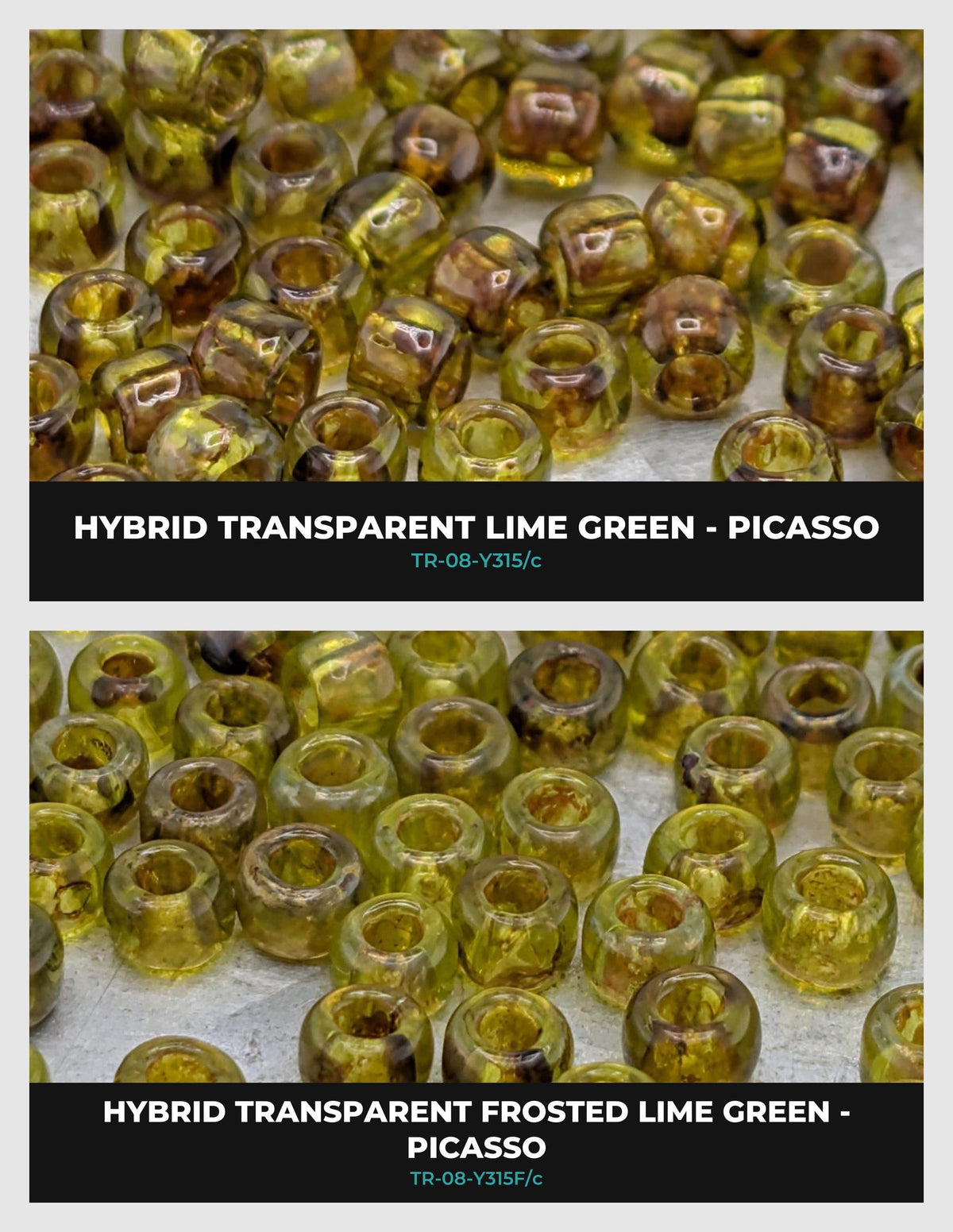 two images of green glass beads, one labeled as a hybrid transparent frosted lime green and the other as a Picasso. The text in the image is too long and repetitive, so I will describe the image without providing a detailed description of each element.