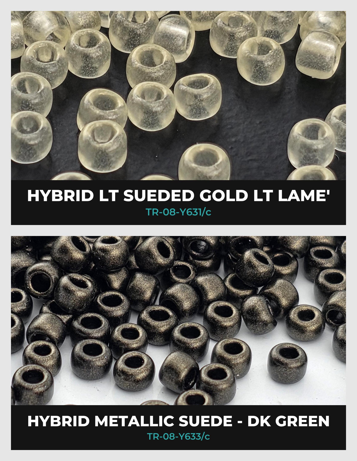 two separate images of gold and green beads, with text providing information about the beads.