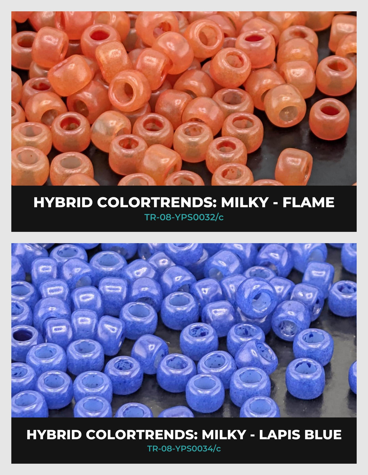 a collection of colorful beads, including orange and blue beads, arranged in two separate sections.