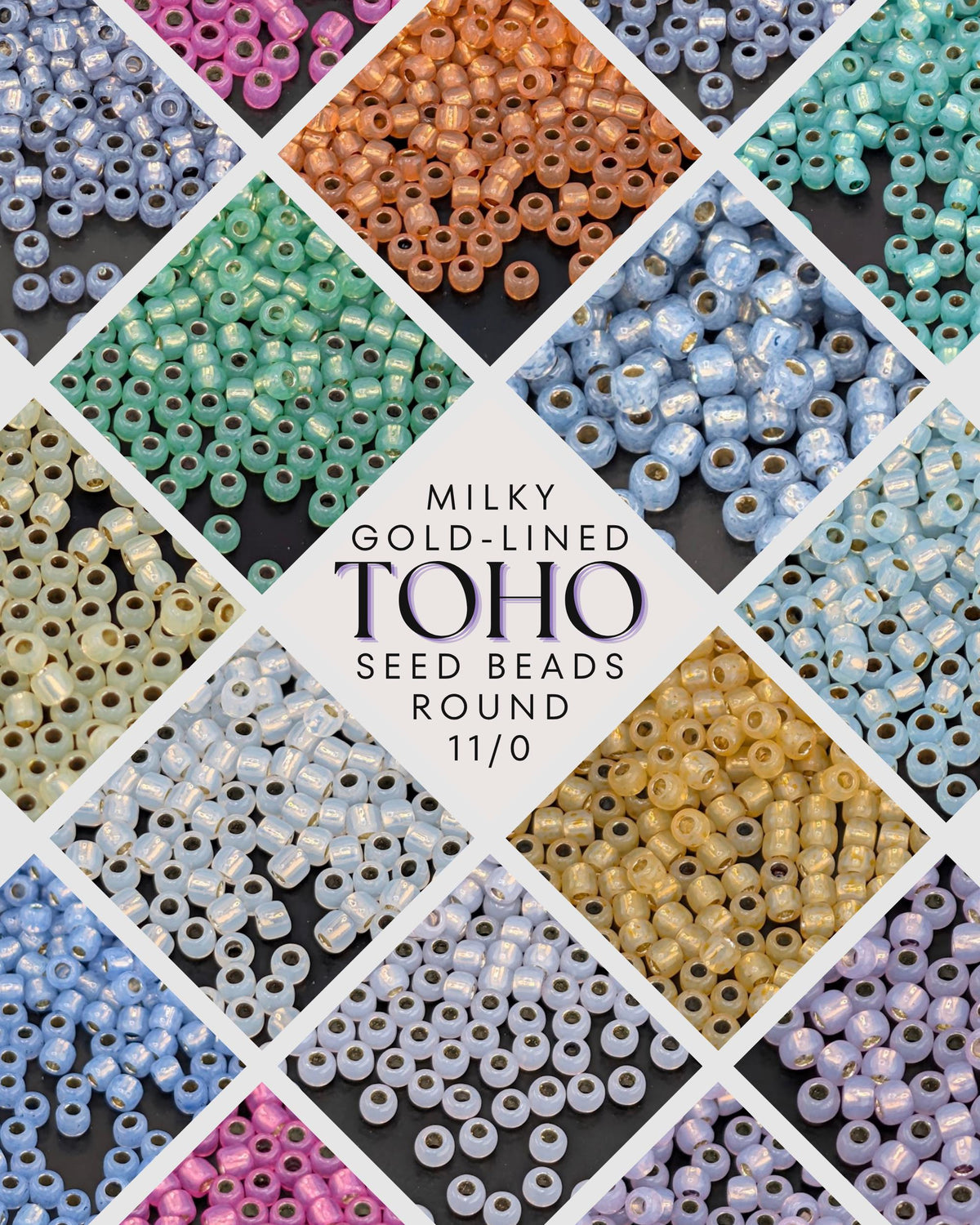 The image is a collage of various colorful seed beads, including gold-lined toho seed beads, arranged in a diamond pattern.