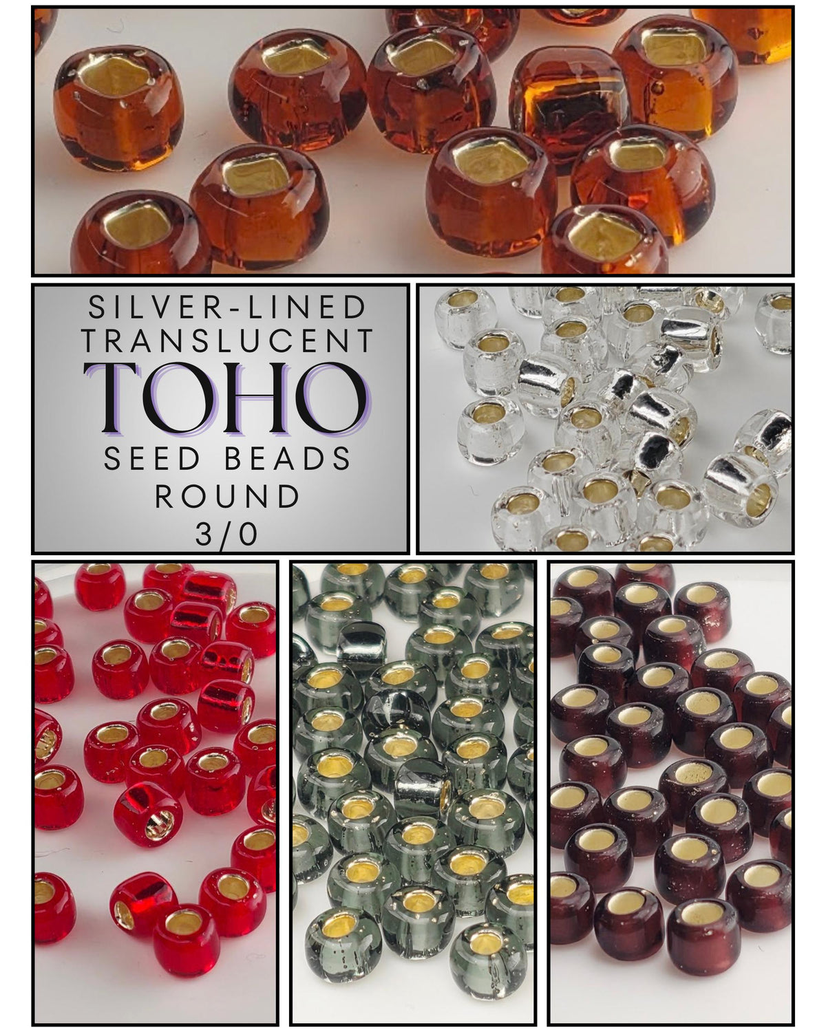 The image is a collage of six images showing various types of seed beads, including silver-lined transparent and round beads in different colors such as red, silver, and brown.