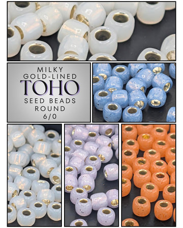 The image is a collage of six images showing various types of seed beads, including gold-lined, milky gold-lined, and colorful seed beads in different colors and sizes.