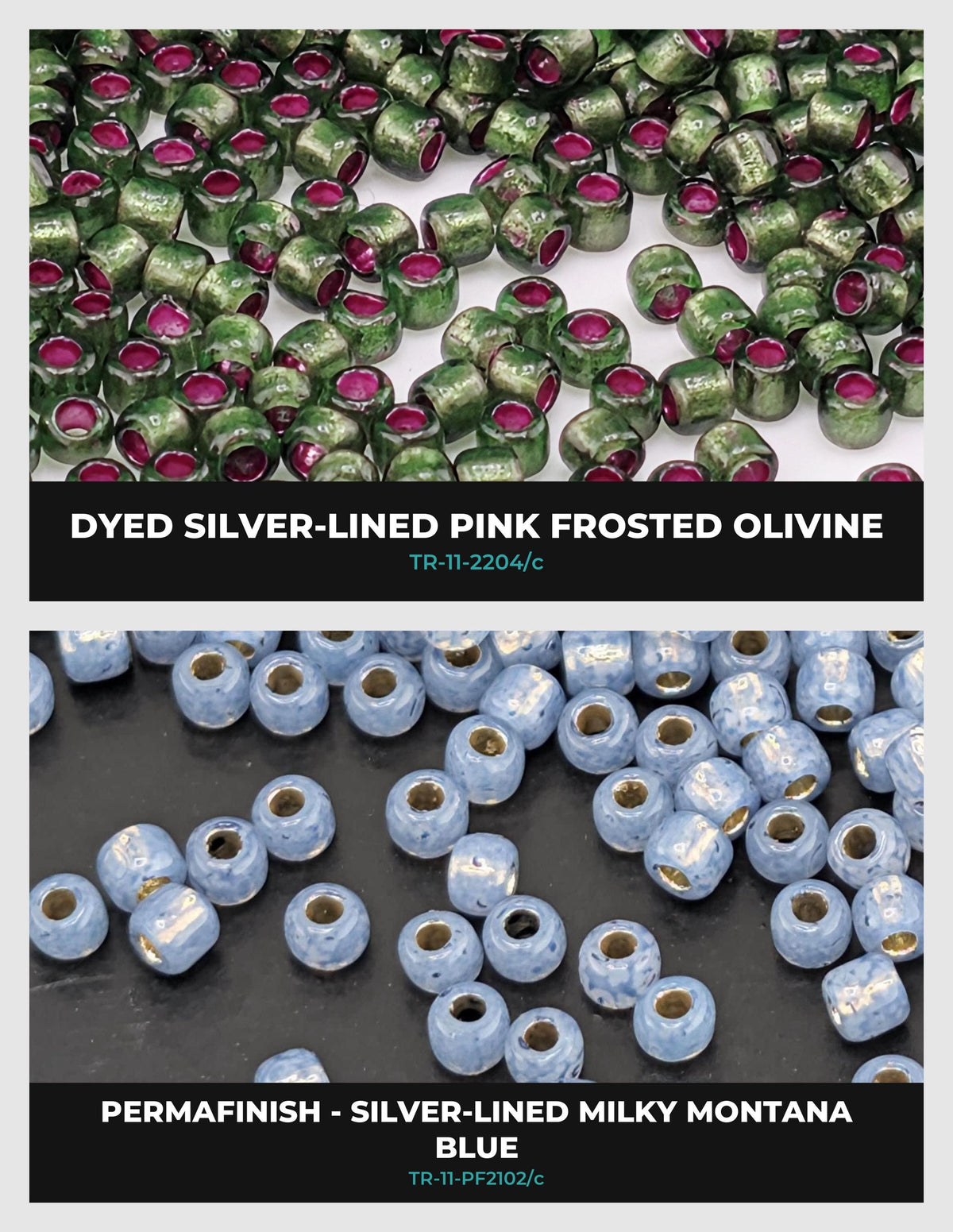 two separate images of beads. The first image shows a collection of silver-lined pink frosted olive beads, while the second image displays blue frosted Montana beads.