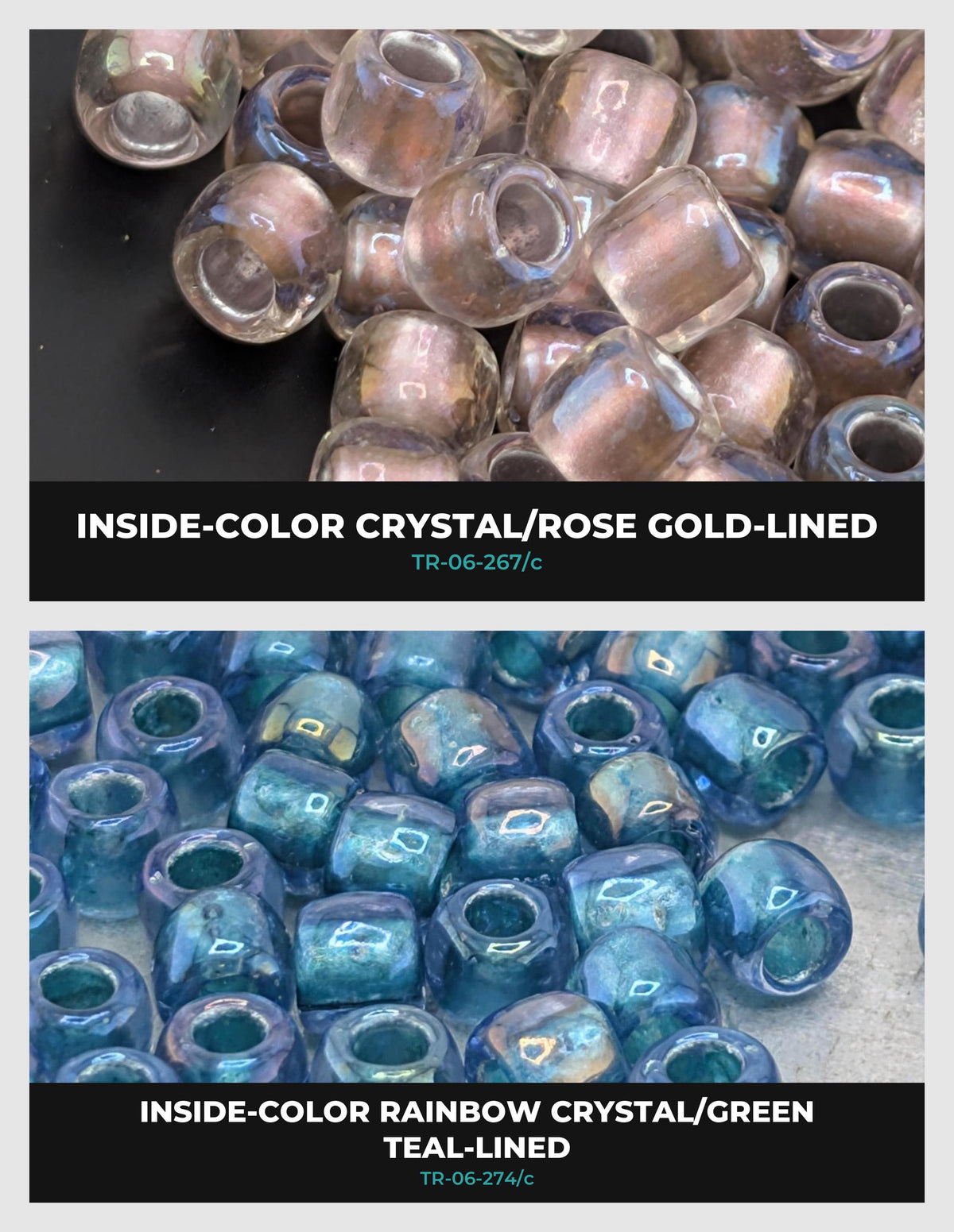 The image is a collage of two images showing different types of beads, including crystal, rose gold, and teal-lined beads.