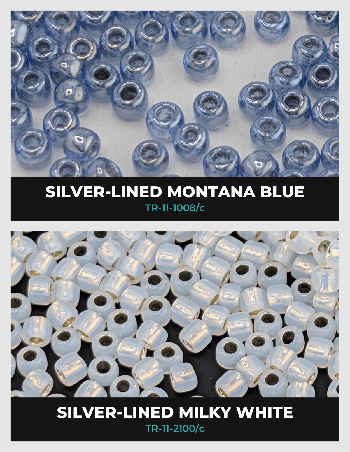 two different types of beads: silver-lined Montana Blue and silver-lined Milky White. The silver-lined Montana Blue beads are arranged in a pattern, while the silver-lined Milky White beads are scattered randomly.