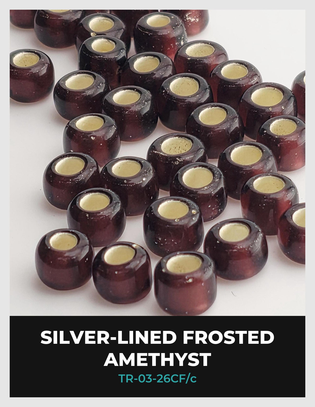 a collection of silver-lined frosted amethyst beads arranged on a white background.