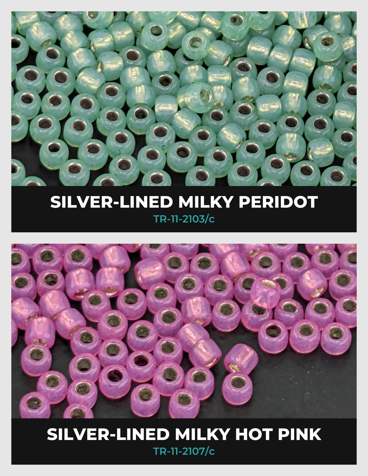 two different types of beads: silver-lined milky peridot beads and pink hot pink beads.
