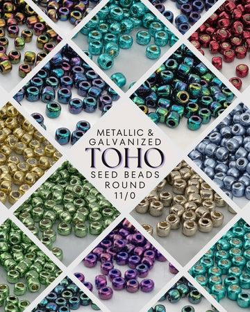 The image is a collage of various colorful seed beads, including metallic and Galvanized TOHO beads, arranged in a diamond pattern.