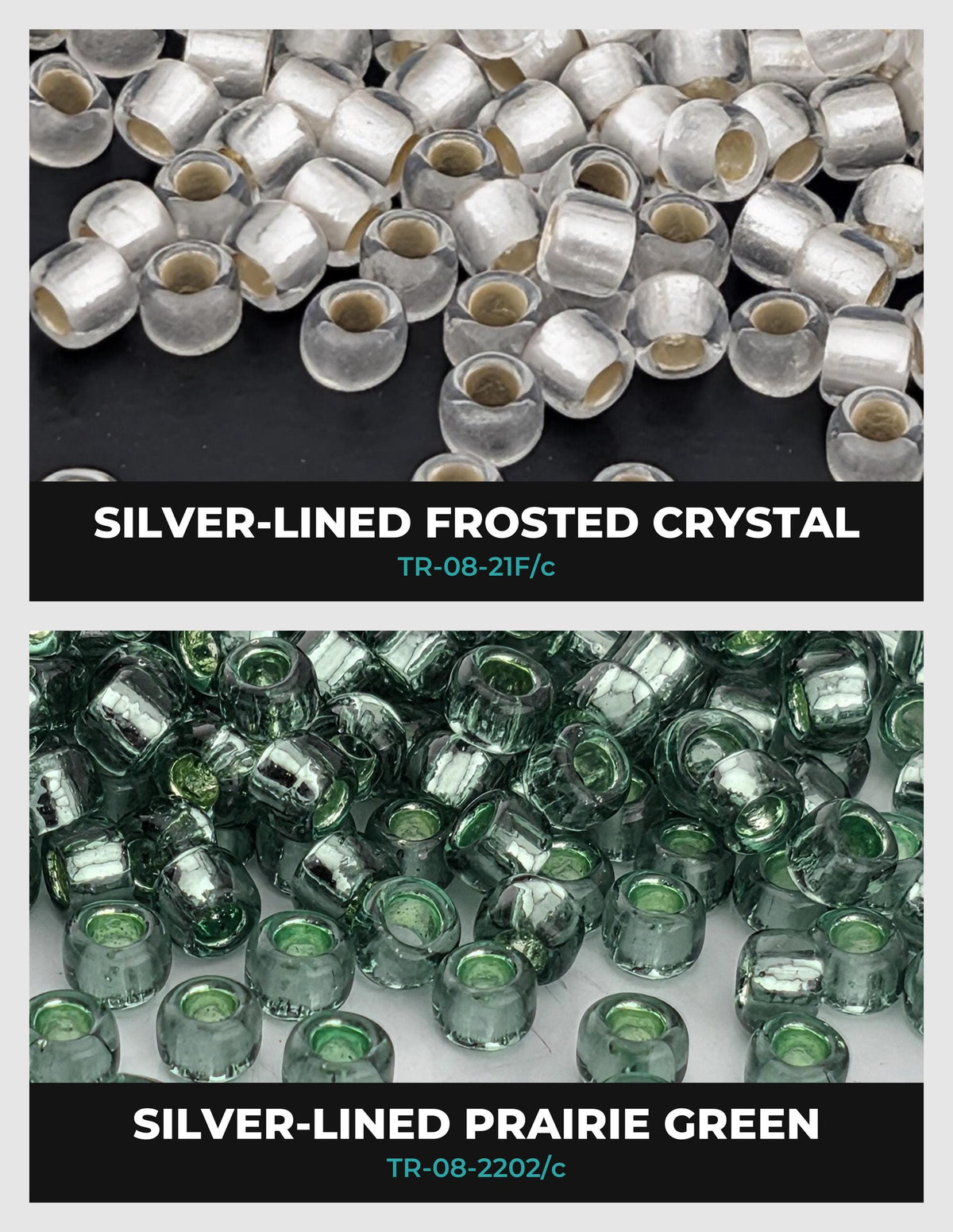 The image is a collage of two images, each showing a different type of bead material: silver-lined frosted crystal and silver-lined prairie green.