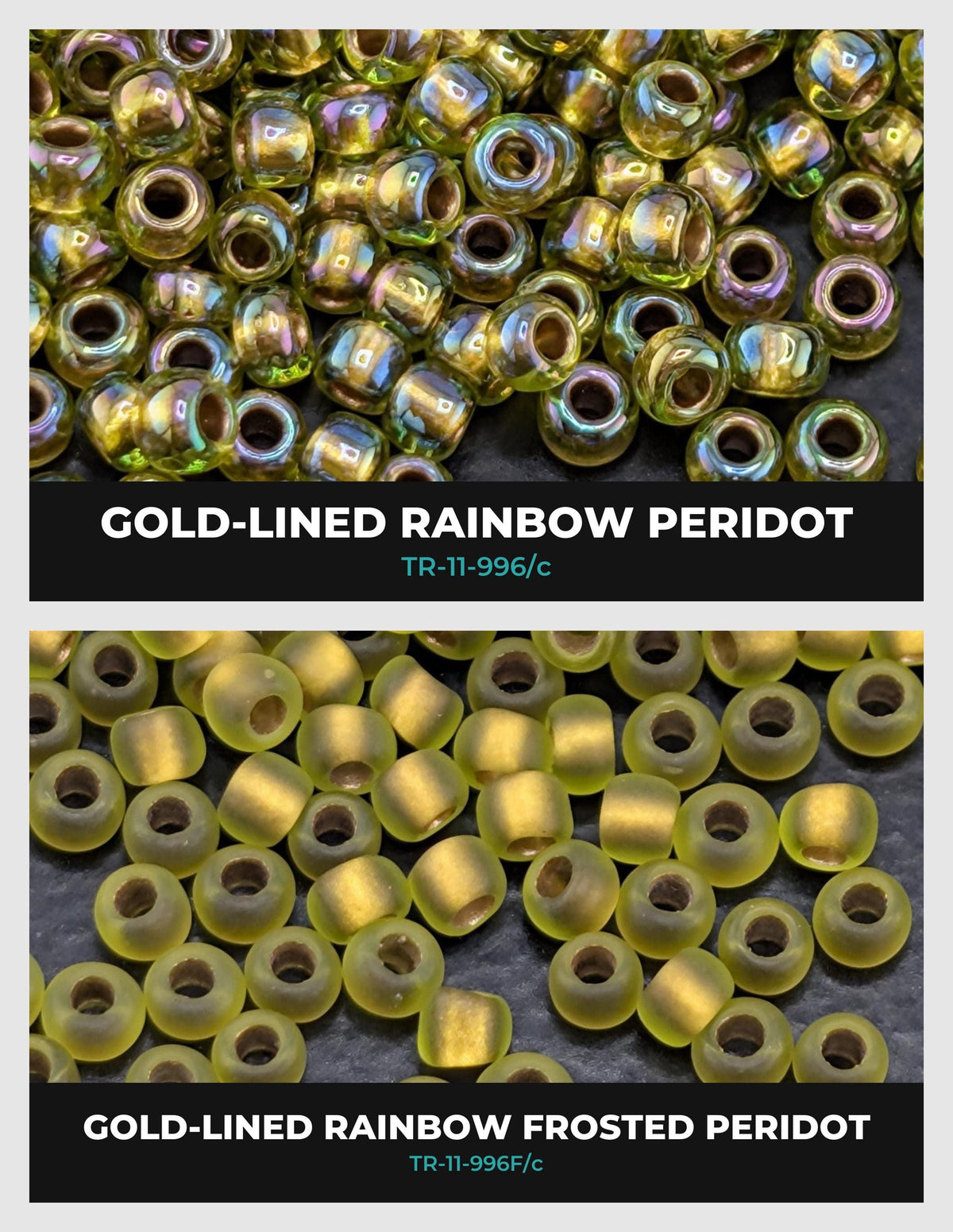 The image is a collage of two images showing different types of beads, including gold-lined rainbow and gold-lined rainbow frosted peridot beads.