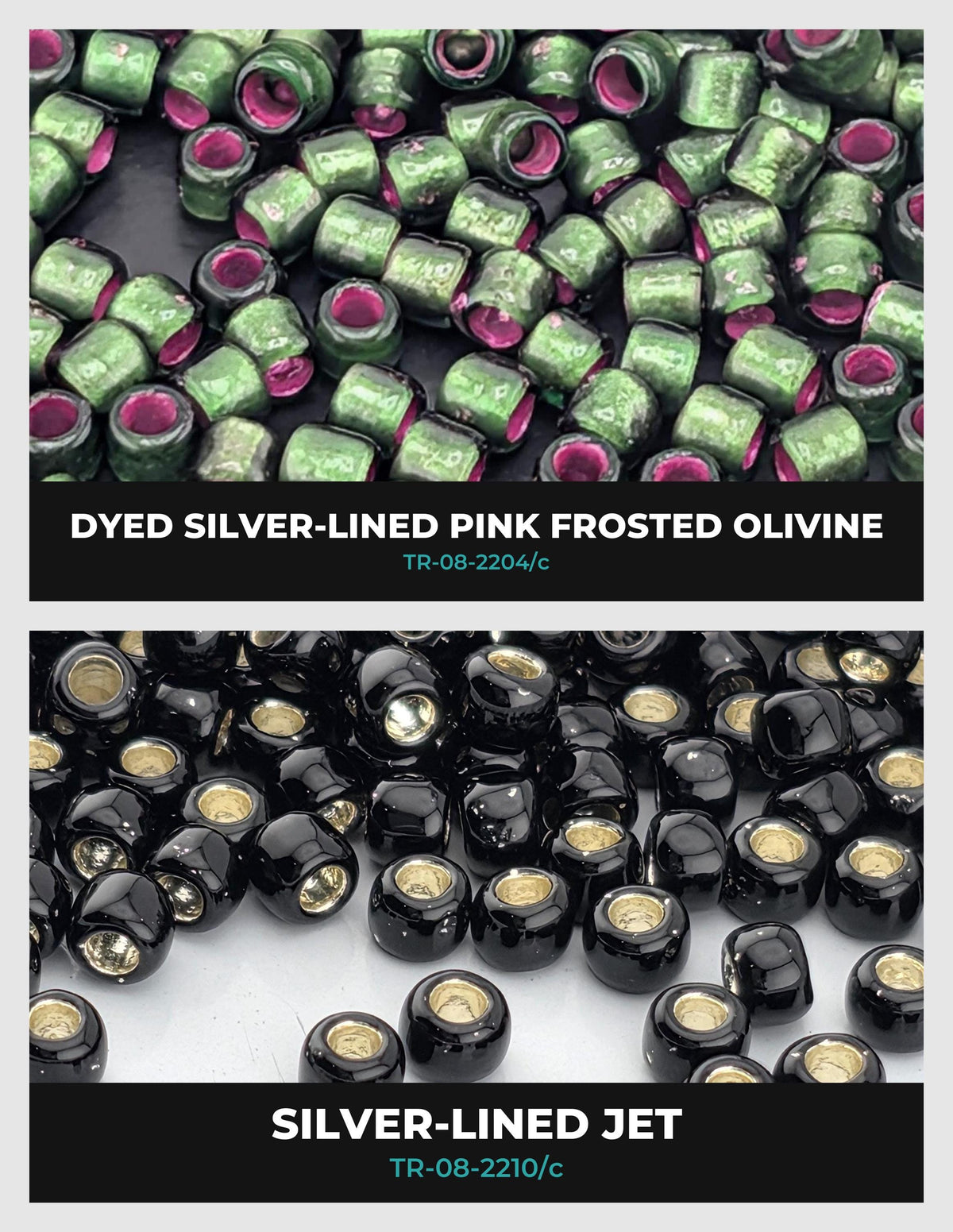 two different types of beads: silver-lined pink frosted olive beads and black jet beads. The text labels the two types of beads, with the first set labeled as "DYED SILVER-LINED PINK FROSTED OLIVINE" and the second set labeled as "SILVER-LINED JET".