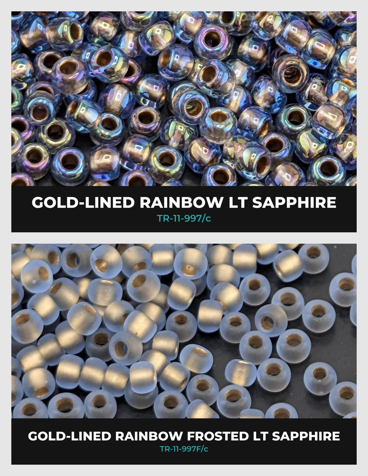 two different types of beads: gold-lined rainbow and gold-lined rainbow frosted. The gold-lined rainbow beads are described as having a rainbow color and the gold-lined rainbow frosted beads are described as having a frosted gold color.