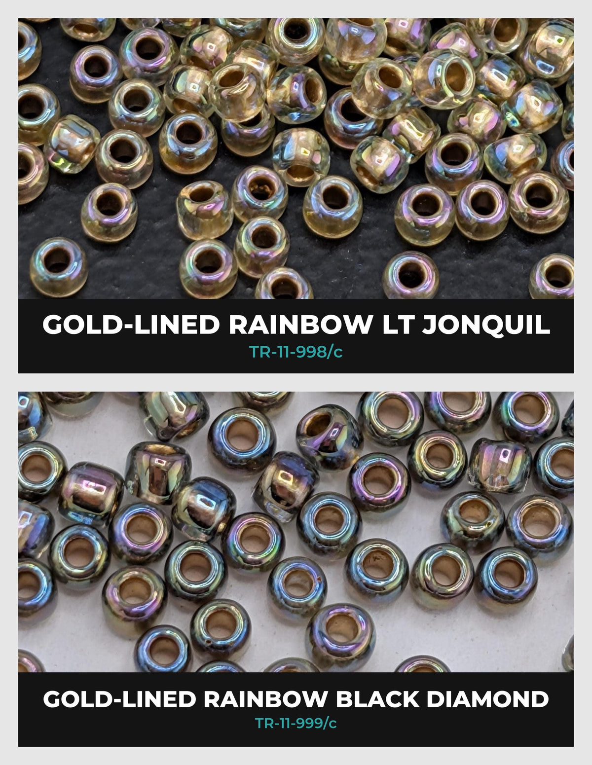 The image is a collage of two images showing different types of beads, including gold-lined rainbow and black diamond beads.