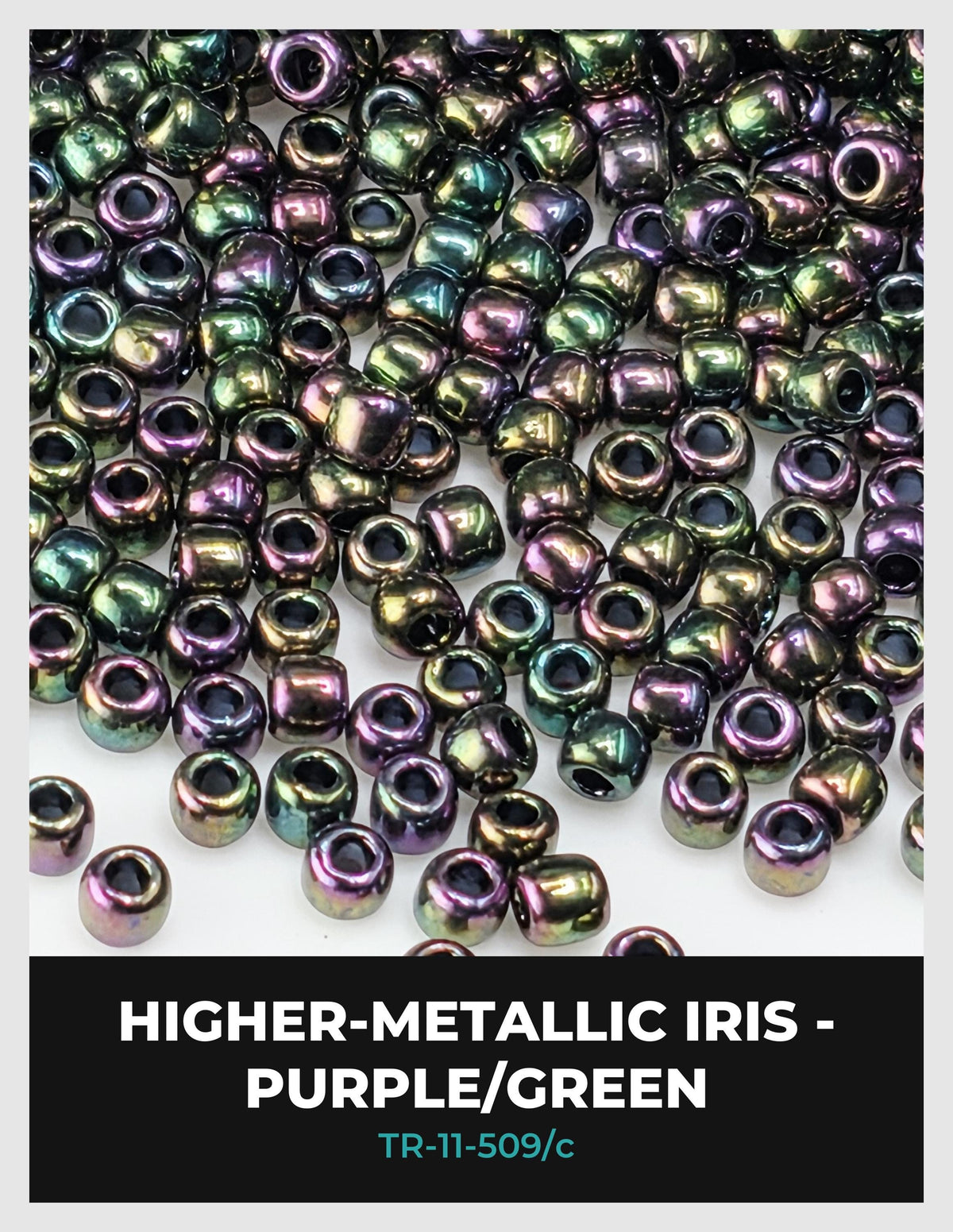 The image is a close-up of a collection of multicolored beads, including metallic iridescent beads in shades of purple, green, and silver.
