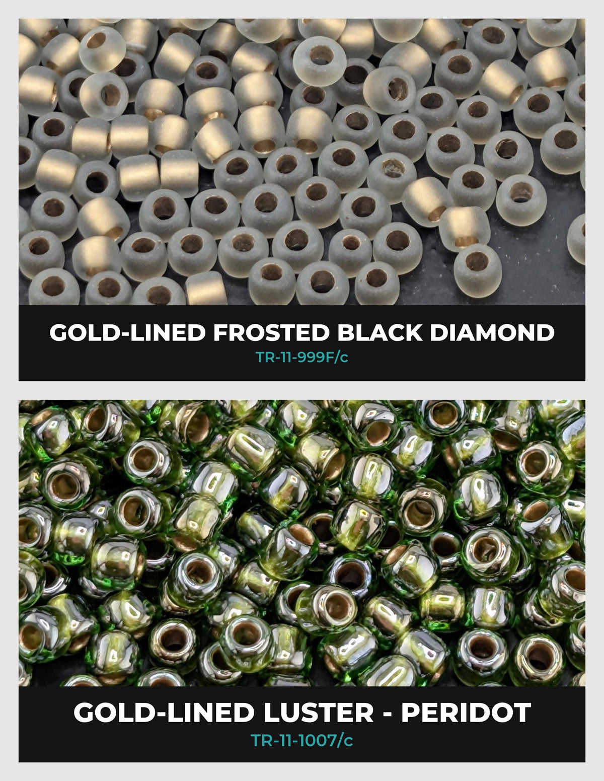 The image is a collage of two images, each showing a different type of bead. The first image displays a collection of gold-lined frosted black diamonds, while the second image shows a collection of green-colored luster beads.