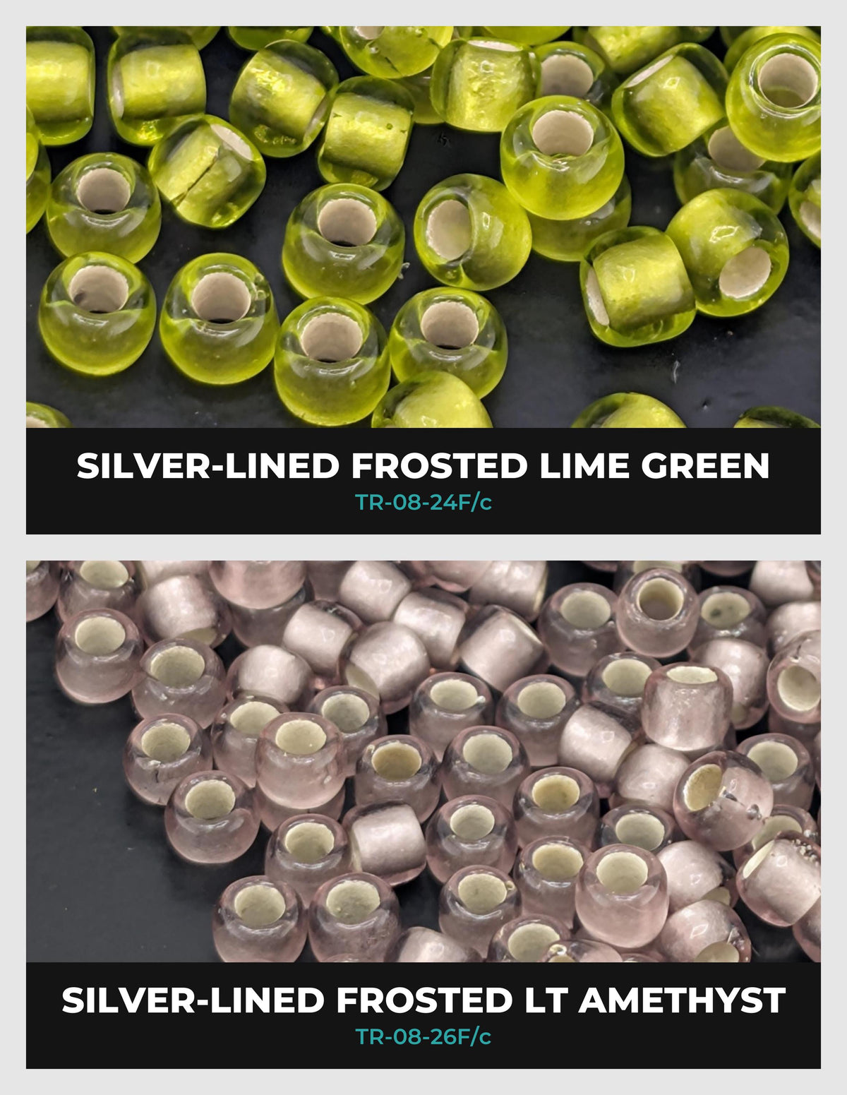 two sets of beads, one with silver-lined frosted lime green beads and the other with frosted amethyst beads.