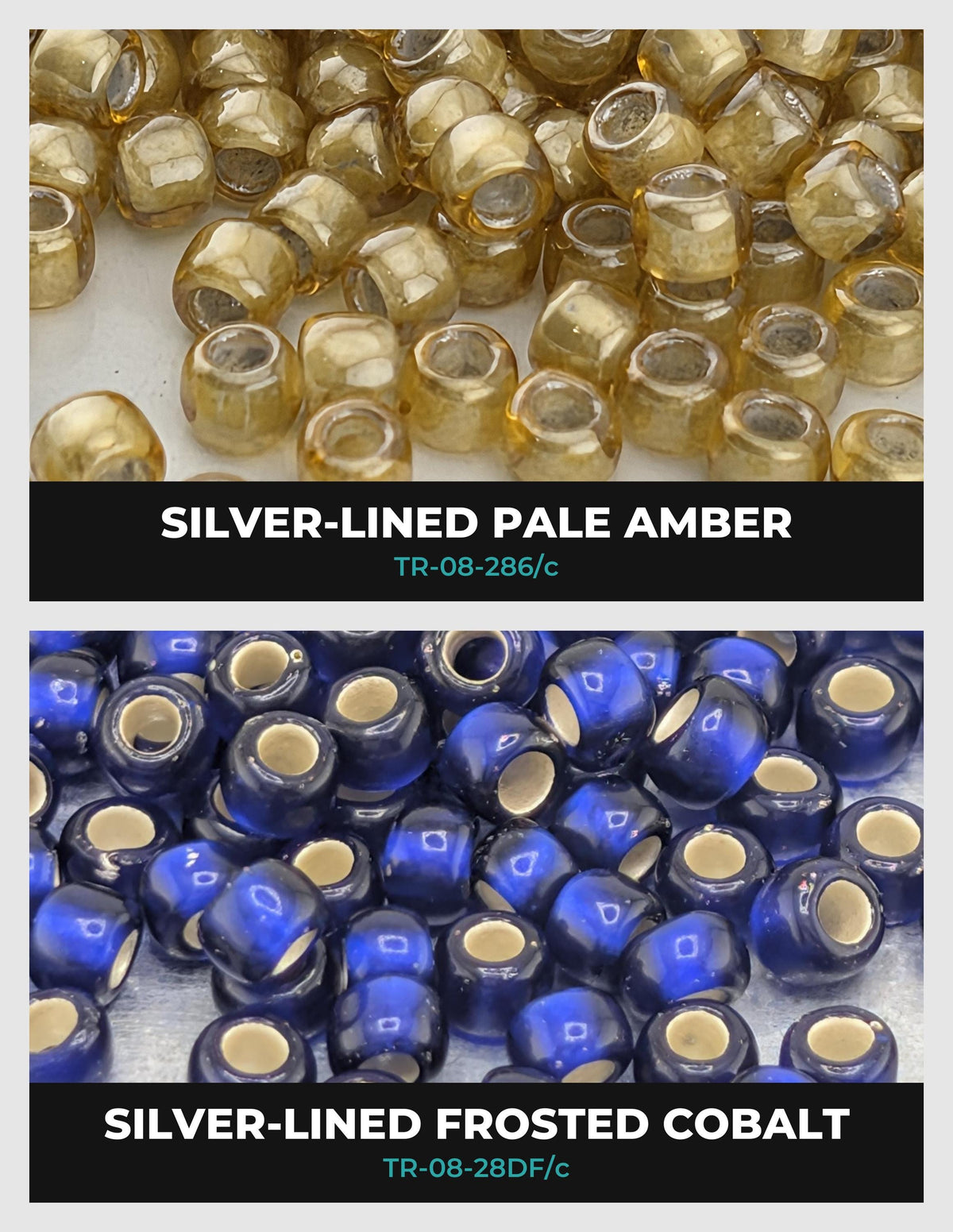 two different types of beads: silver-lined pale amber beads and silver-lined frosted cobalt beads.