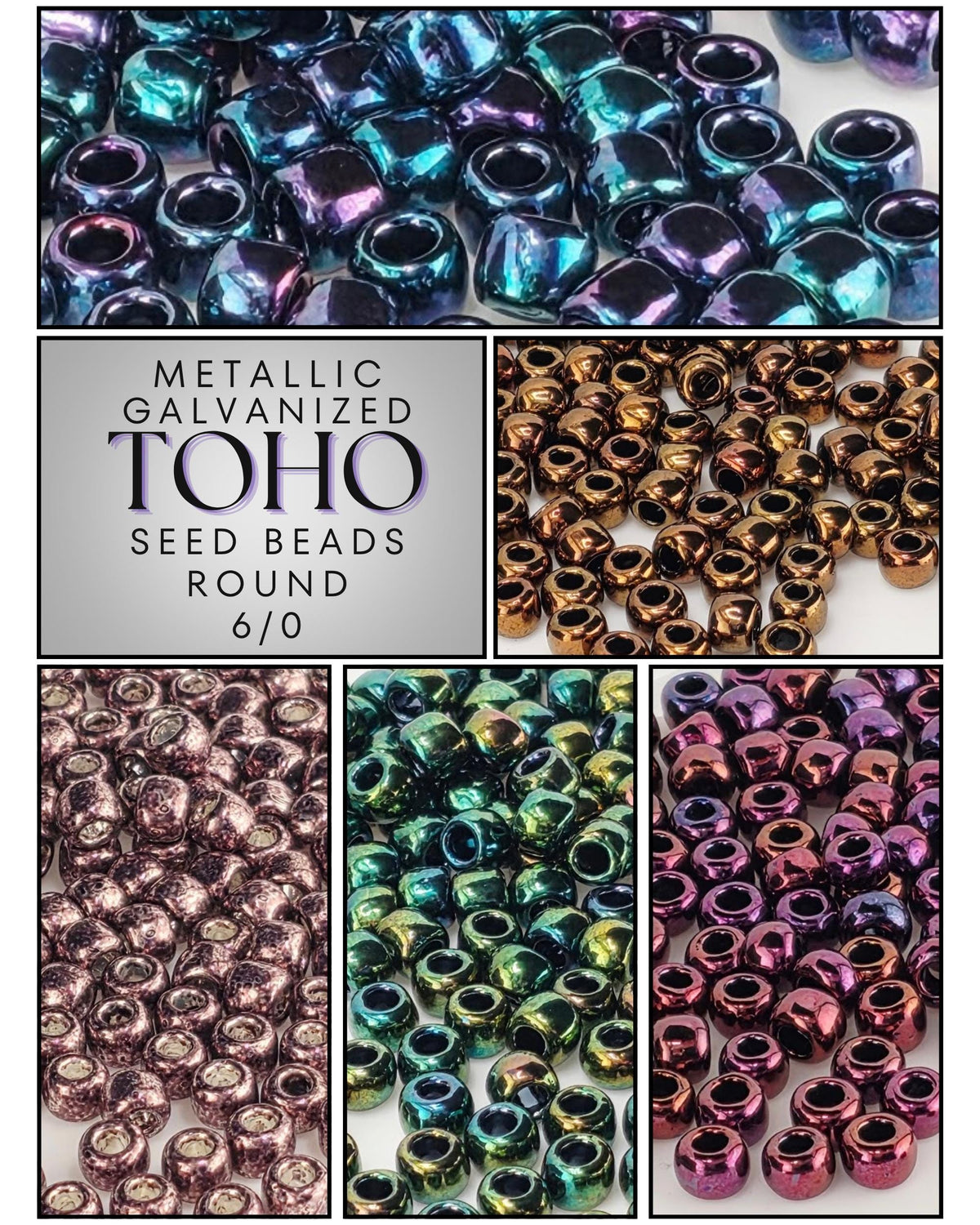 The image is a collage of six different seed beads in various metallic colors, including purple, blue, green, and gold.
