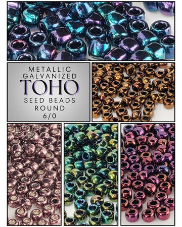 The image is a collage of six different seed beads in various metallic colors, including purple, blue, green, and gold.