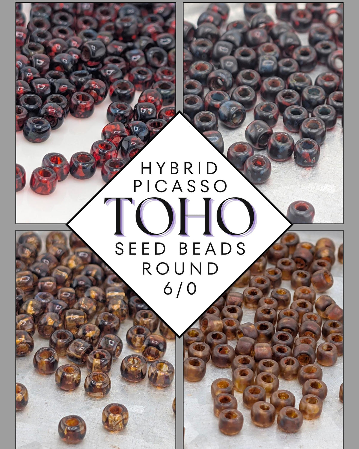 The image is a collage of four images showing different types of seed beads, including red, black, brown, and gold beads.