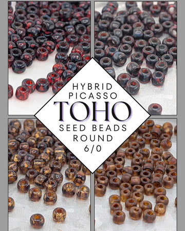 The image is a collage of four images showing different types of seed beads, including red, black, brown, and gold beads.