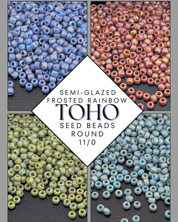 The image is a collage of four images showing different colored seed beads, with a diamond-shaped text overlay that reads "SEMI-GLAZED FROSTED RAINBOW TOHO SEED BEADS ROUND 11/0".