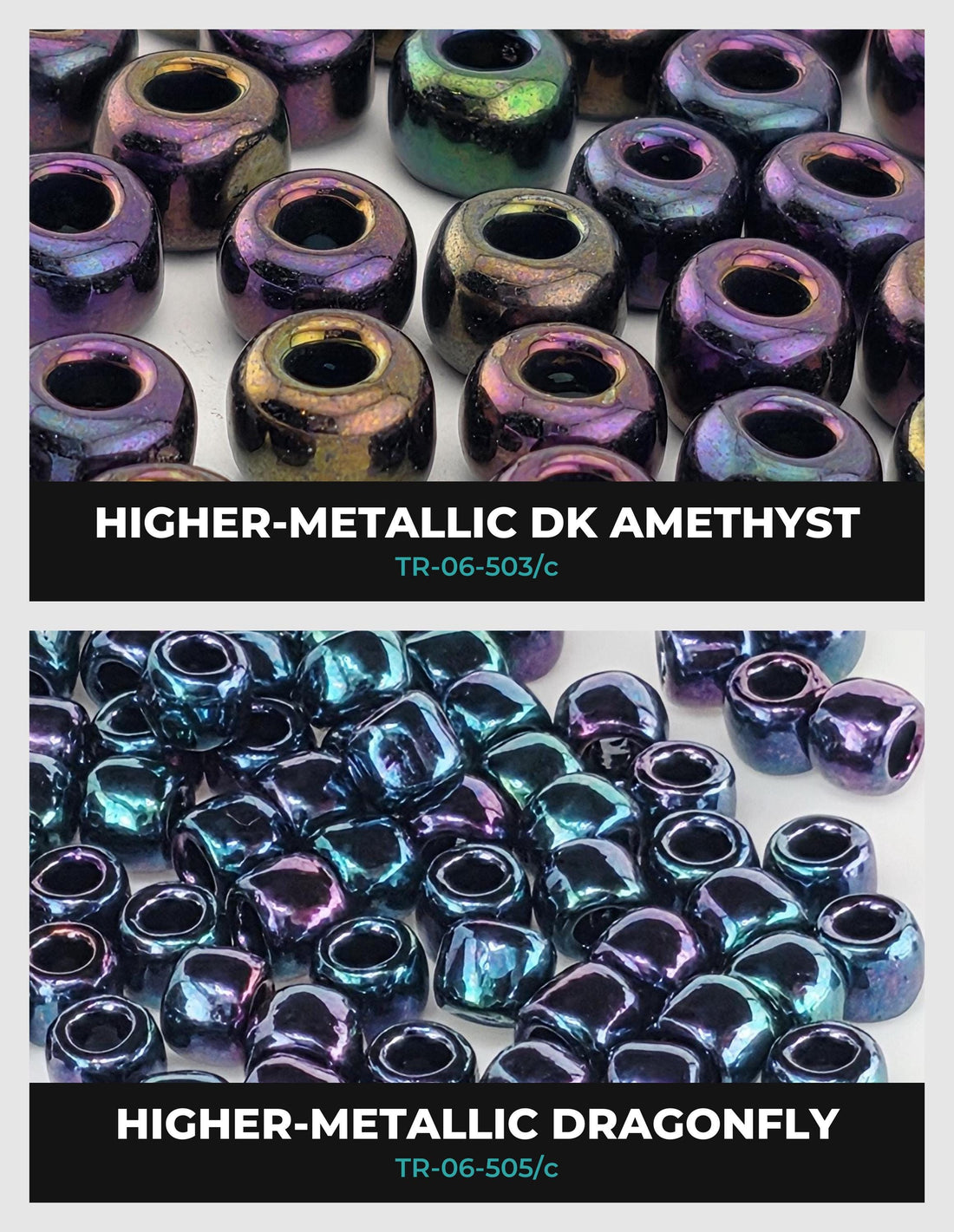 The image is a collage of six different seed beads in various metallic colors, including purple, blue, green, and gold.