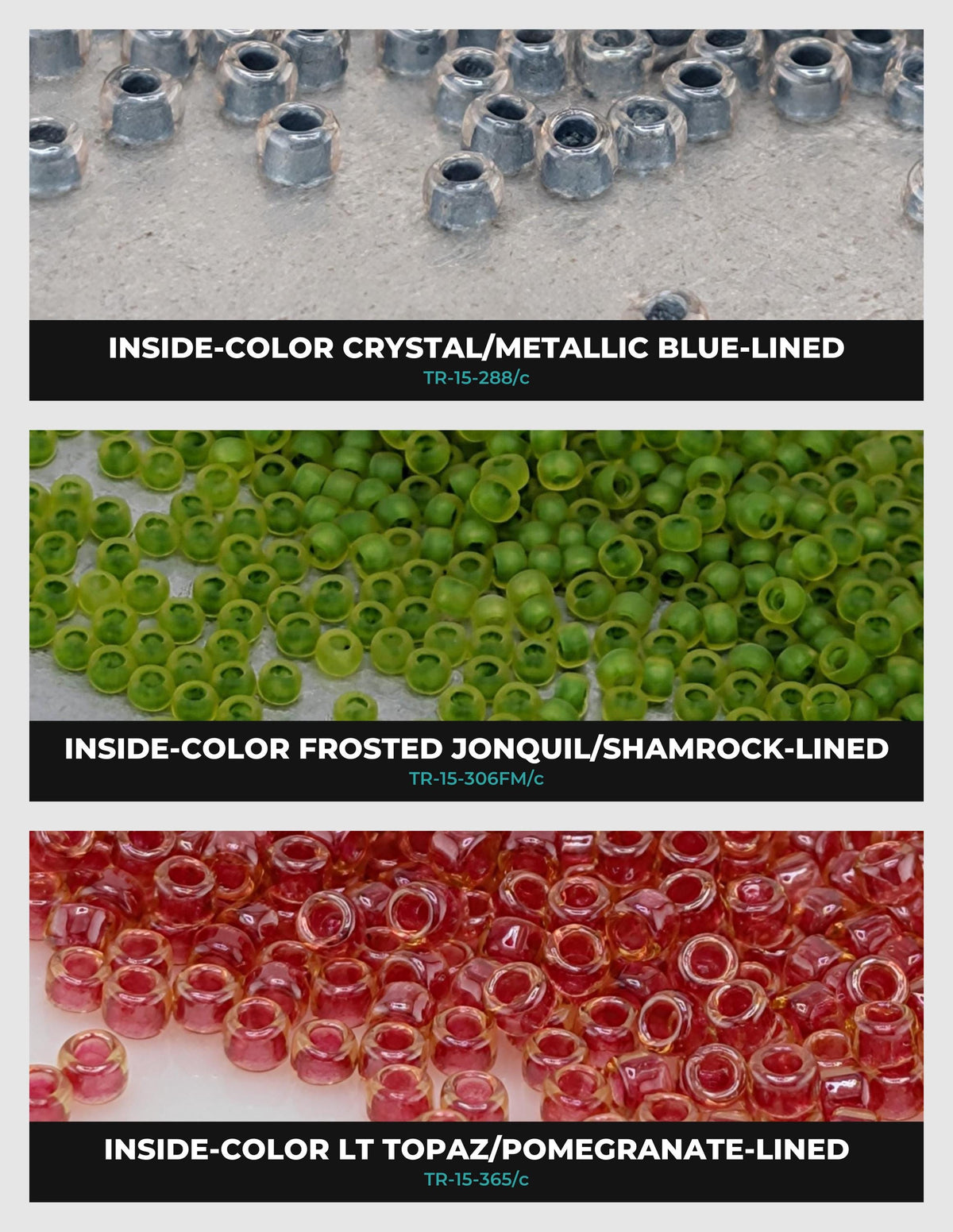 The image is a collage of three different images, each showing a variety of colored beads or beads in different sizes and shapes.