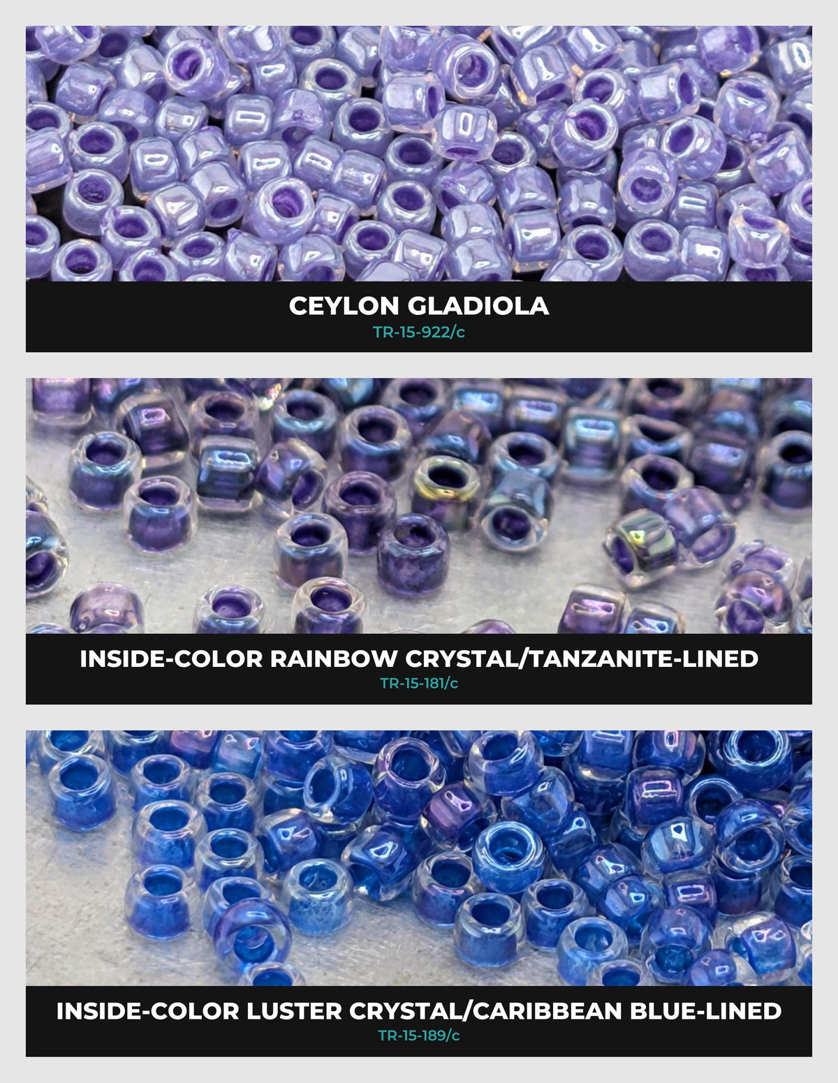 three different types of beads, each with a unique color and texture. The first bead is purple, the second is blue, and the third is a combination of blue and purple. The beads are arranged in a collage format, with each bead in a separate image. The text labels the beads with their respective colors and textures, providing a clear visual representation of the different types of beads.