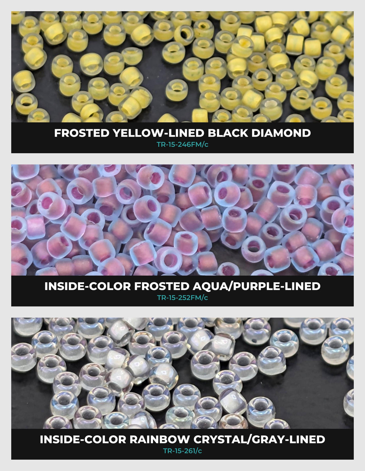 three different types of beads, each with a distinct color and pattern. The first bead is a frosted yellow-lined black diamond, the second is a frosted yellow-lined black diamond, and the third is a frosted purple-lined black diamond. The beads are arranged in a collage format, with each bead in a separate image.