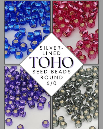 The image is a collage of four images showing different colored seed beads, including silver-lined toho seed beads in various shades of blue, pink, purple, and gray.