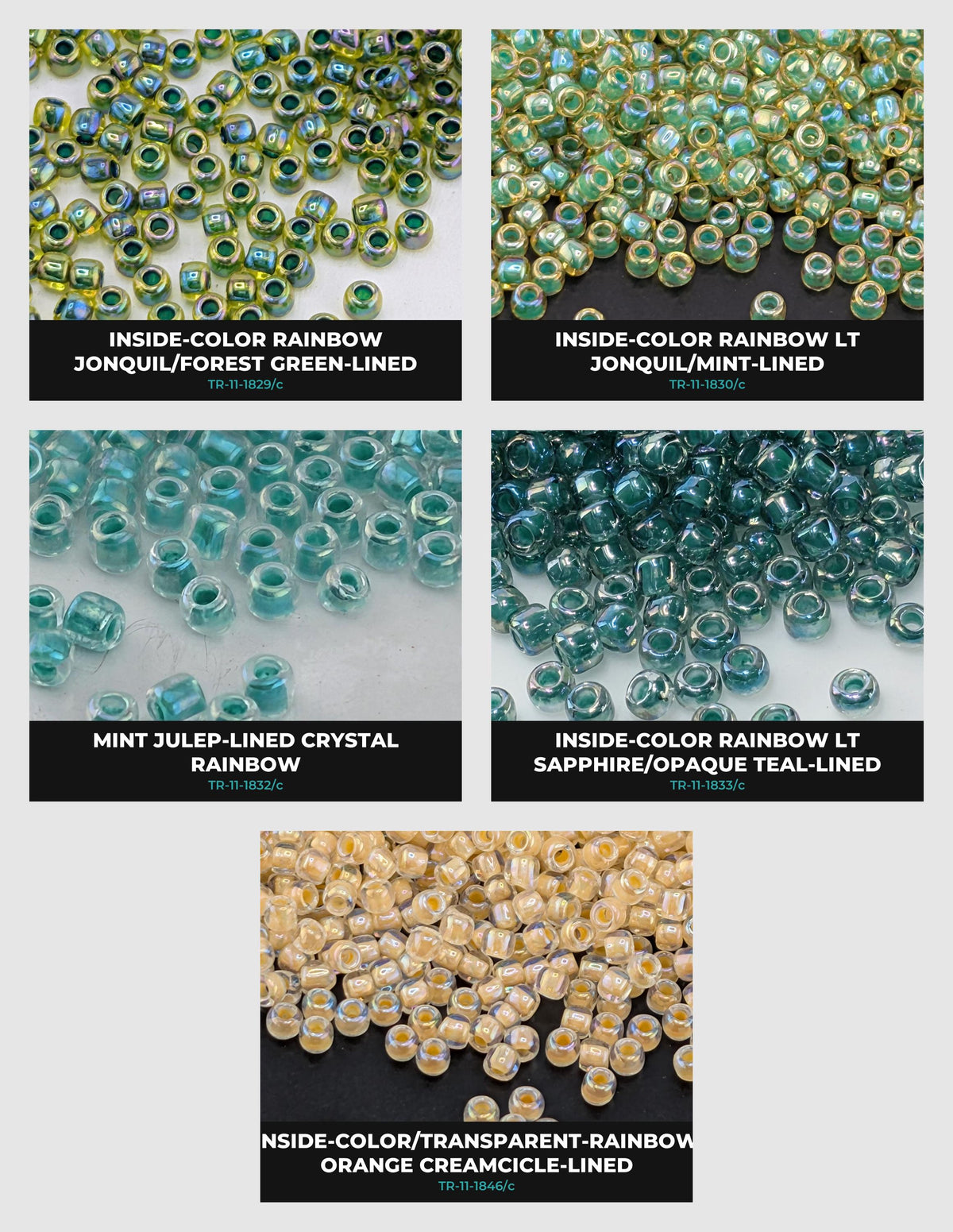 a collection of six different types of beads, each with unique colors and designs. The beads are arranged in a grid format, showcasing a variety of colors and patterns.