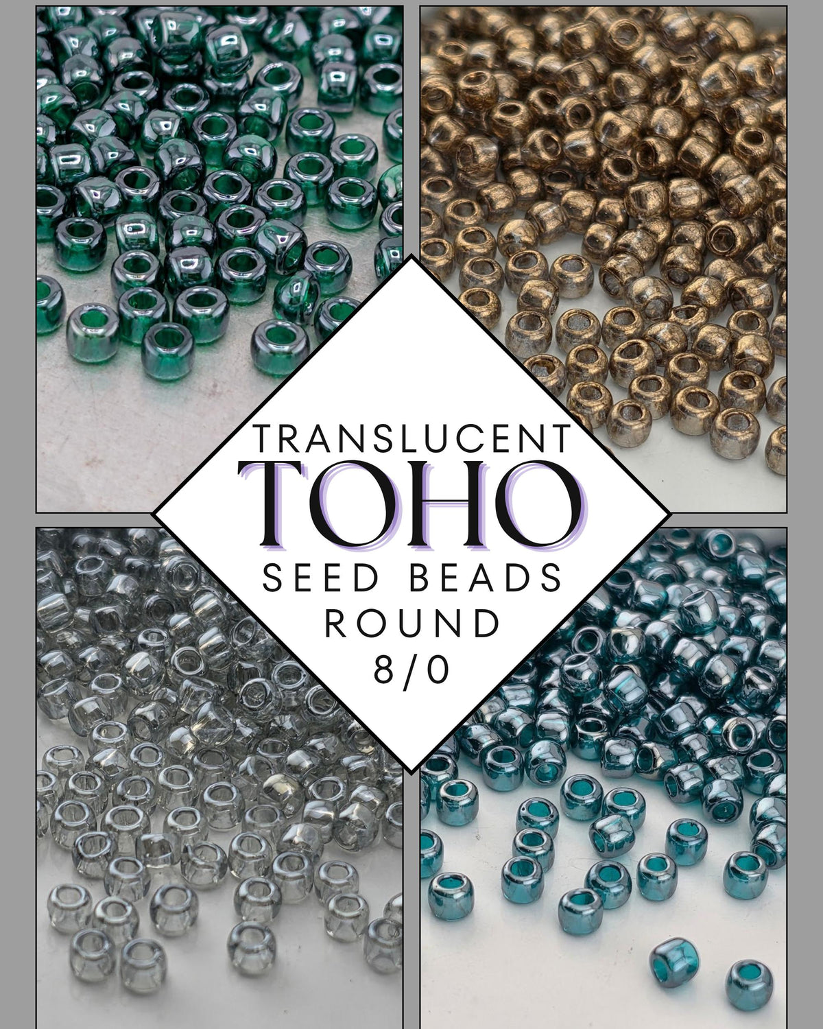 The image is a collage of four images showing different types of seed beads, including green, silver, gold, and blue beads.