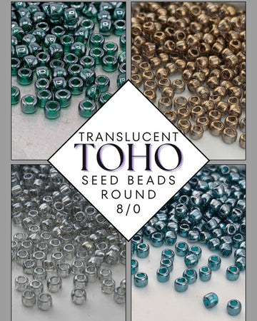 The image is a collage of four images showing different types of seed beads, including green, silver, gold, and blue beads.