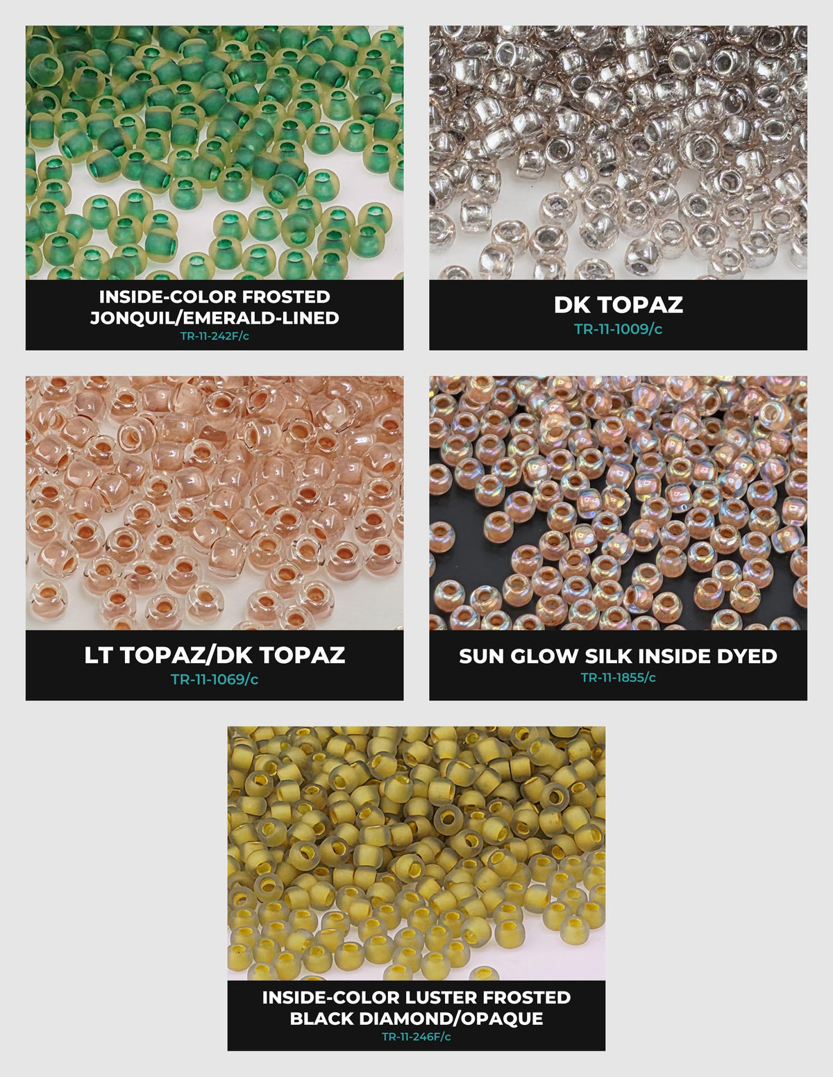 six different types of beads, each with unique colors and textures, arranged in a grid format.