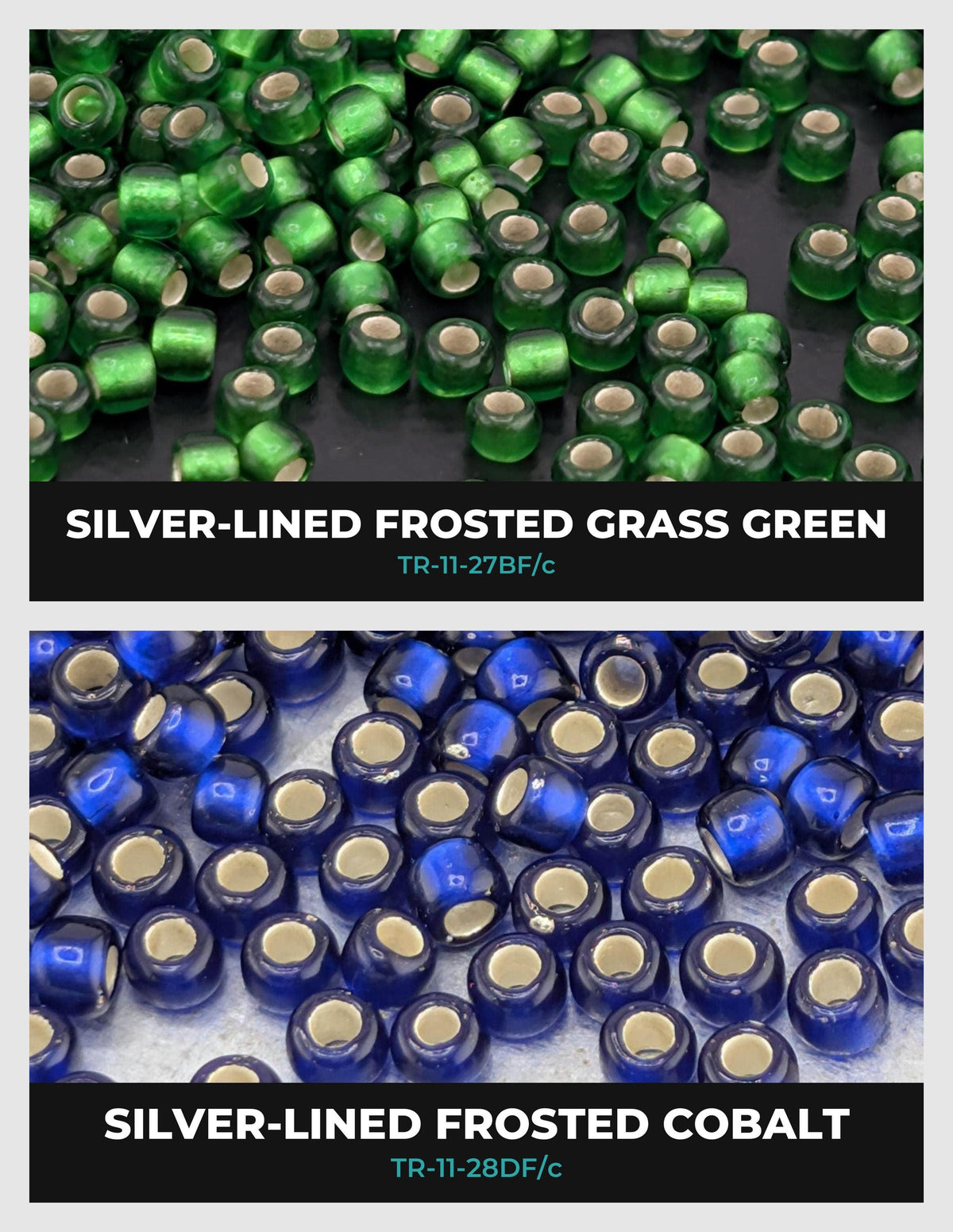 The image is a collage of two images, each showing a different type of bead. The first image displays silver-lined frosted grass green beads, while the second image shows silver-lined frosted cobalt beads.